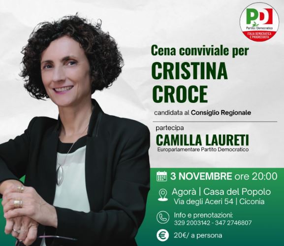 Cena Conviviale 3 nov ore 20,00 con Cristina Croce e Camilla Laureti europarlamentare